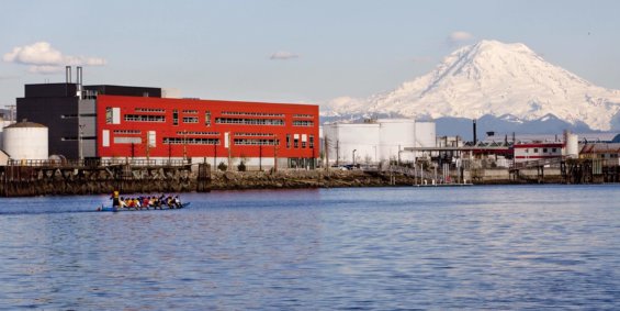 A group of buildings on the port in Tacoma with Mt. Rainier in the background