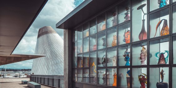 The wall of glass with the museum of glass in the background in Tacoma