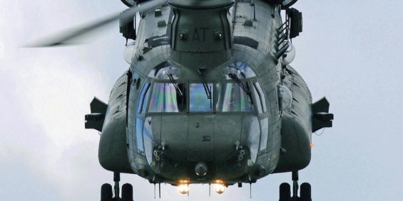 An aerial image of a military helicopter
