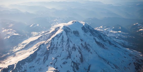 Aerial image of snowy topped Mt. Rainier in Tacoma