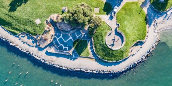 An aerial image of a small inlet at a park in Tacoma
